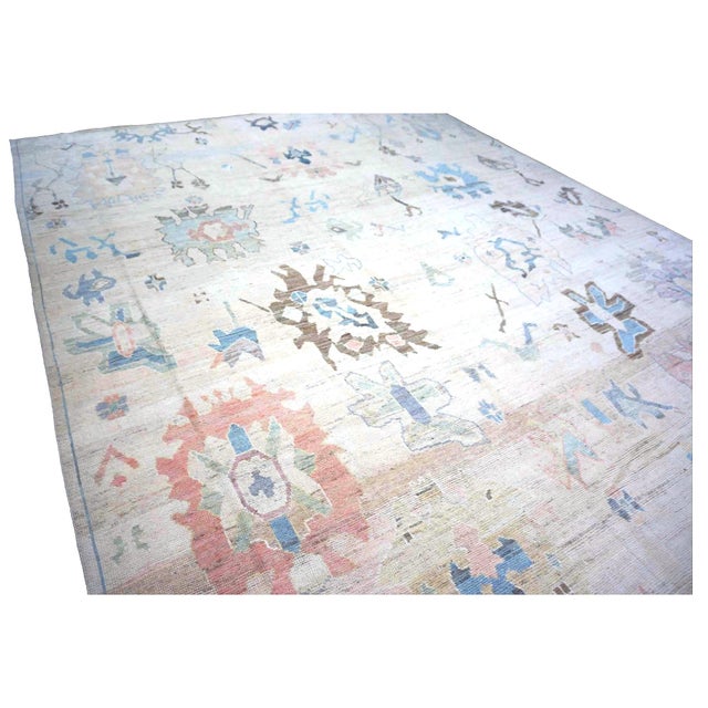 Textile 21st Century Turkish Oushak Wool 11x15 Ivory, Brown & Slate Blue Handmade Area Rug #1144196 For Sale - Image 7 of 11