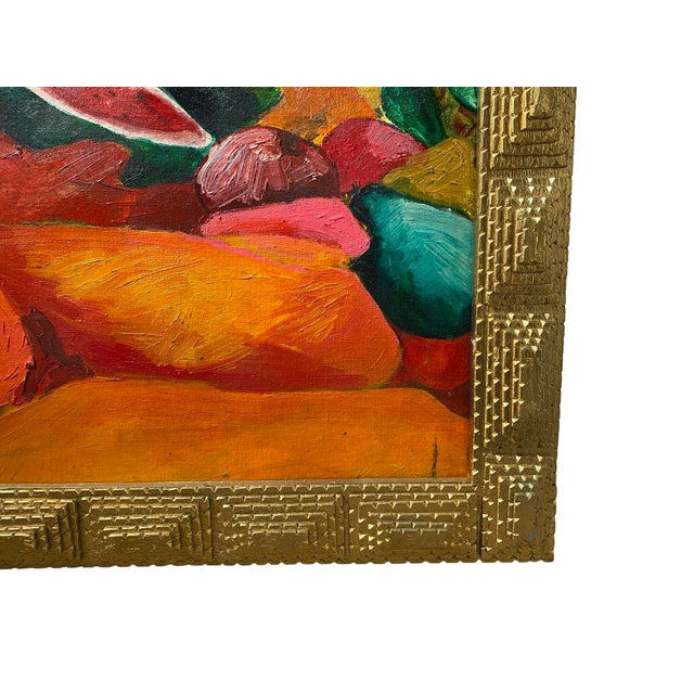 Figurative Vintage Colorful Oil on Board Painting of Nude Woman and Fruit in Handmade Geometric Wood Frame, Signed Alfonso Caliendo Circa 1990 For Sale - Image 3 of 12