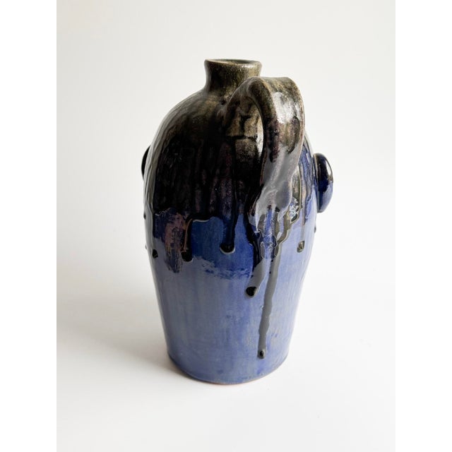 Folk Art Vintage Georgia Folk Pottery Face Jug by Dal Burtchaell – Blue Glaze Sculptural Pitcher – Southern Folk Art For Sale - Image 3 of 12