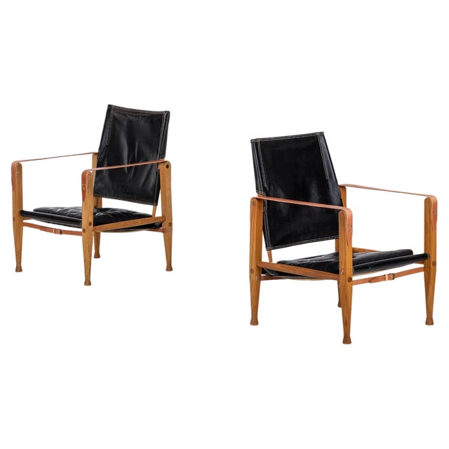 Set of Black Leather Safari Chairs attributed to Kaare Klint, 1950s For Sale