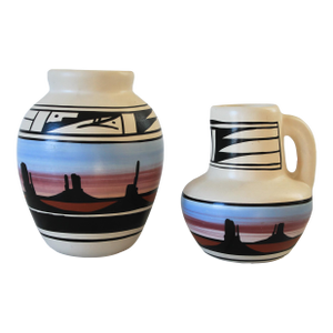 Vintage Native American Navajo Naatsilid Pottery Vase & Pitcher - Signed