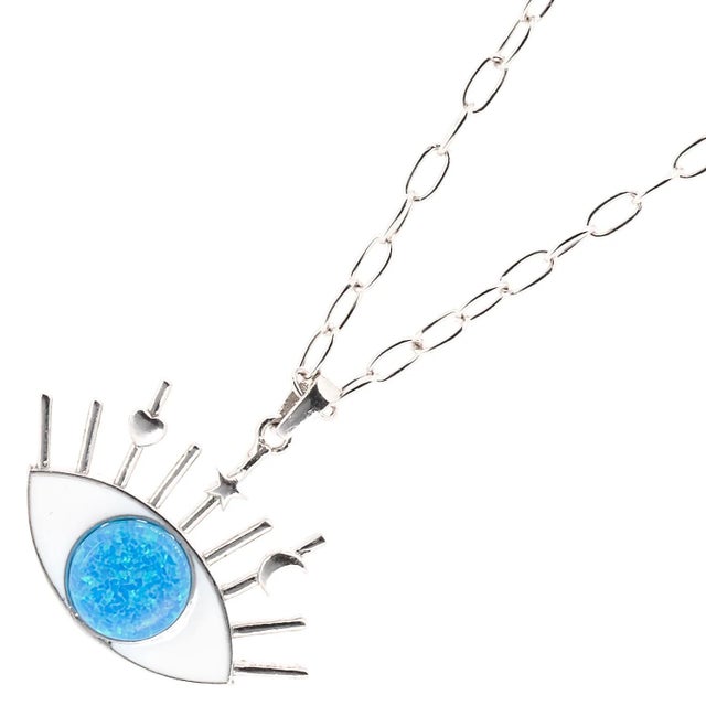 Silver Blue Opal Evil Eye Pendant Necklace For Sale - Image 4 of 7
