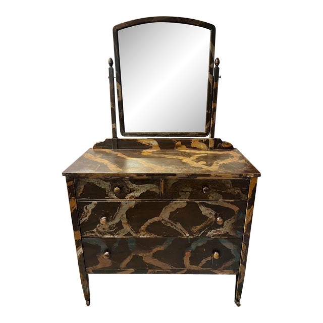 Industrial Style Handpainted Metal Dresser With Cheval Mirror For Sale