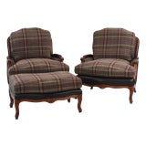 Set of Ralph Lauren Wool and Leather on Oversized Vintage Louis XV Chairs and Ottoman For Sale
