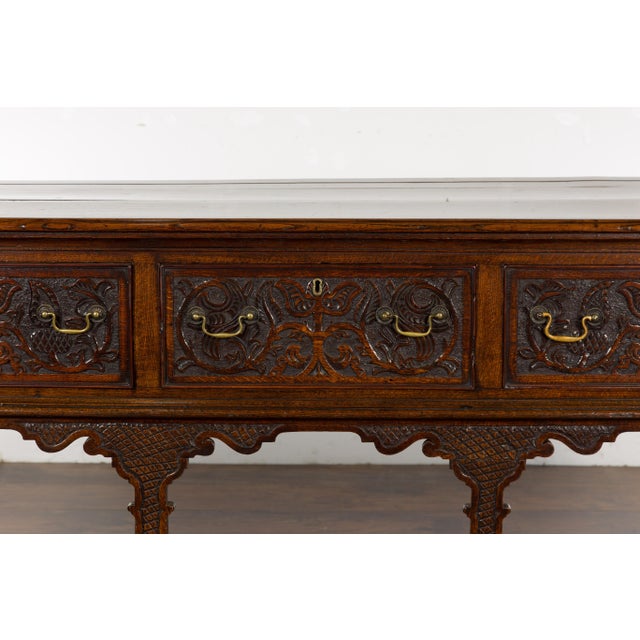 English 19th Century Oak Sideboard with Three Low-Relief Carved Drawers For Sale - Image 9 of 12