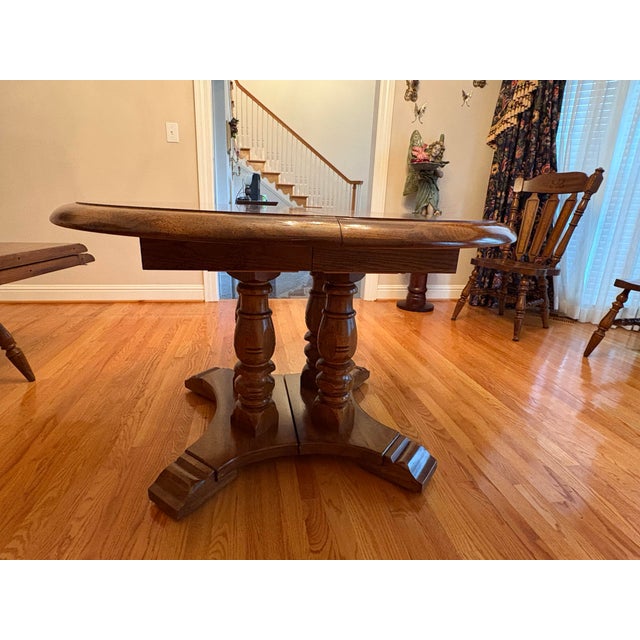 Farmhouse 1970s Solid Oak Pedestal Dining Table With Two Leaves – Extends to 84” - Nashville For Sale - Image 3 of 6