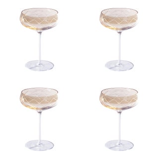 Audrey 4-Piece Set Hand Etched Coupe Glasses, Amber Luster For Sale
