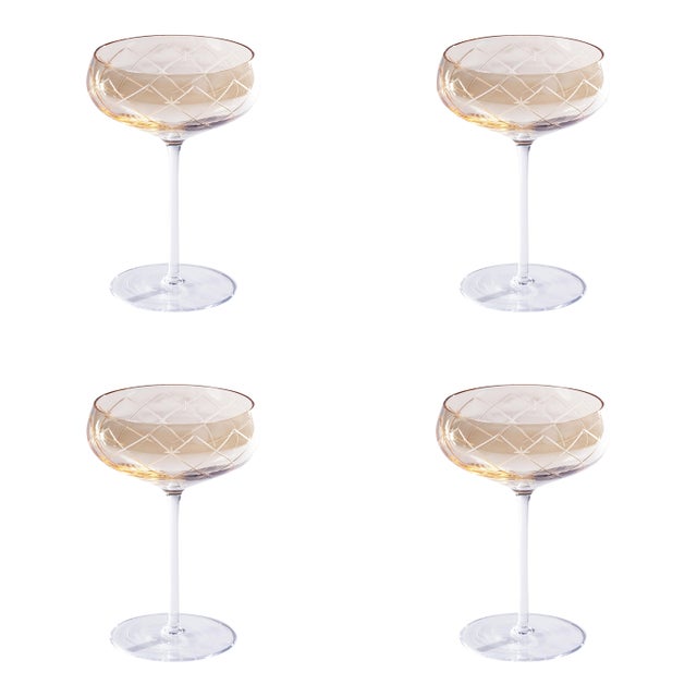 Audrey 4-Piece Set Hand Etched Coupe Glasses, Amber Luster For Sale
