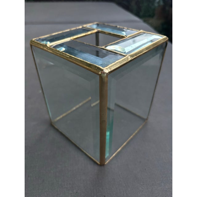 Transparent Vintage 1980s 24k Gold Leaded Beveled Glass Wastebasket & Tissue Box Cover For Sale - Image 8 of 12