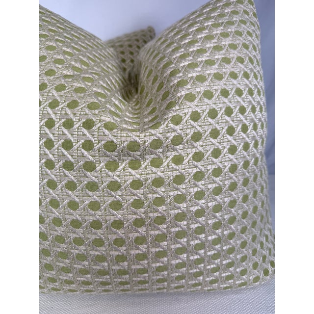 Custom pair of 22" pillows covered in Brunschwig & Fils "Monterey Woven Texture" in color citron green. These pillows have...