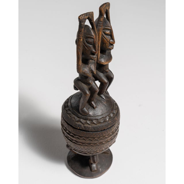 20th Century Dark Brown African Hand-Carved Lidded Vessel with Caryatid Figures For Sale - Image 14 of 15