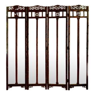 Antique Asian Mirrored Four Panel With Carved Details Folding Screen - For Sale