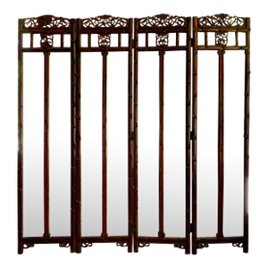 Antique Asian Mirrored Four Panel With Carved Details Folding Screen