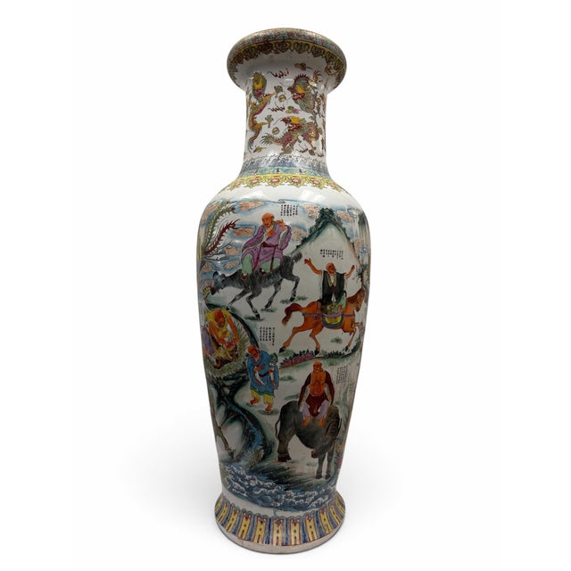 Late 20th Century Monumental 47.5" Chinese Famille Rose "18 Luohans" Porcelain Floor Vase For Sale - Image 5 of 7