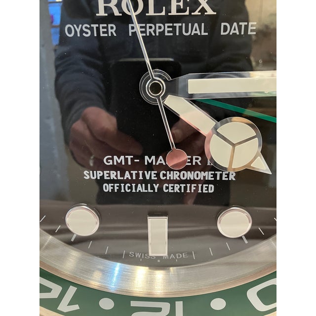 Black Vintage Black Silver and Green Rolex Display Wall Clock For Sale - Image 8 of 15