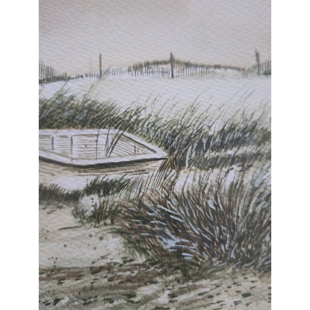 Mid 20th Century Signed Vintage Coastal Landscape Seascape Watercolor Painting With Beached Rowboat For Sale In Washington DC - Image 6 of 14
