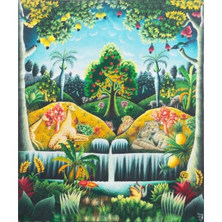 'Garden of Eden', Haitian School, 1998, Idyllic Haitian Folk Art, Arcadian, Paradise, Giraffe, Leopard For Sale