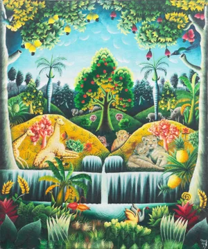 'Garden of Eden', Haitian School, 1998, Idyllic Haitian Folk Art, Arcadian, Paradise, Giraffe, Leopard