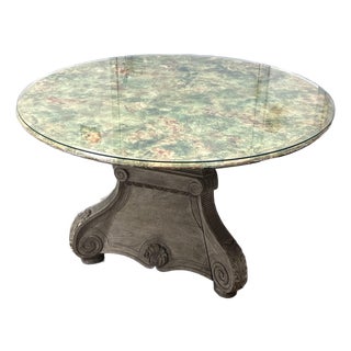 I Magnin Hand-Painted Faux Marble With Glass Dining Table, 50 Inches For Sale
