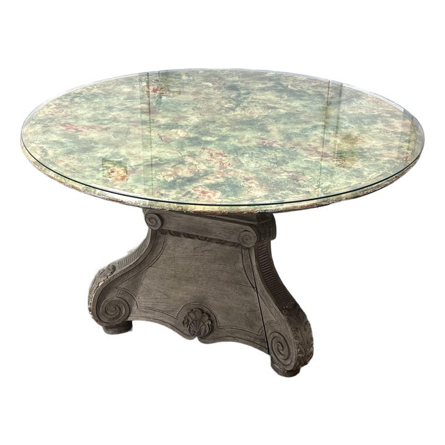 I Magnin Hand-Painted Faux Marble With Glass Dining Table, 50 Inches For Sale