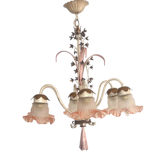 Vintage Italian White and Gold Patinated Metal and Glass Chandelier, 1970s For Sale