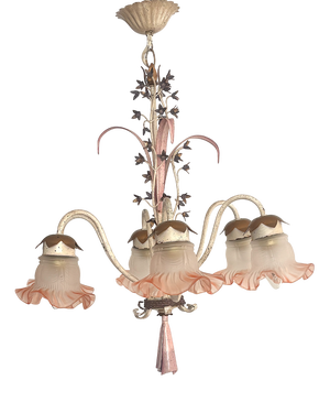 Vintage Italian White and Gold Patinated Metal and Glass Chandelier, 1970s