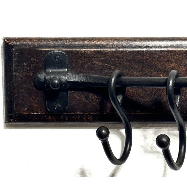 Rustic Antique Carved Hardwood & Forged Iron Wall Hook Assembly (Coat and Hat Rack) For Sale - Image 3 of 9