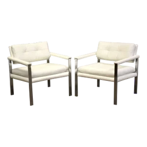 Milo Baughman Style Chrome White Leather Lounge Chairs - a Pair