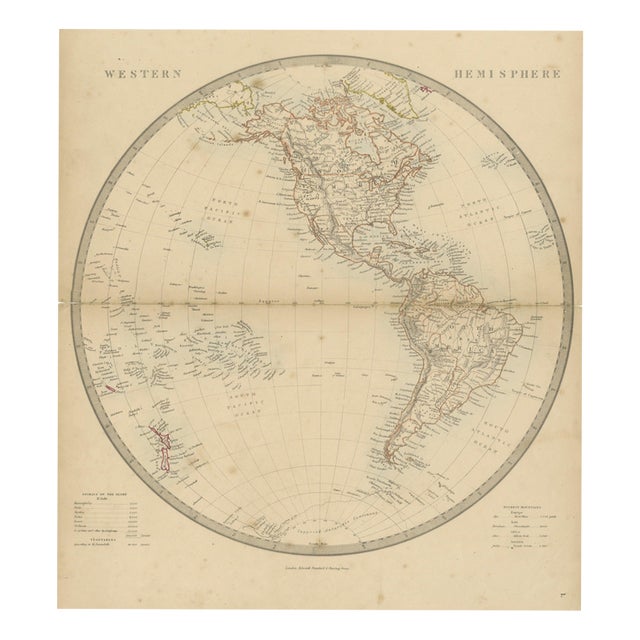 Antique Map of the Western Hemisphere with Highest Mountains Table, 1858 For Sale