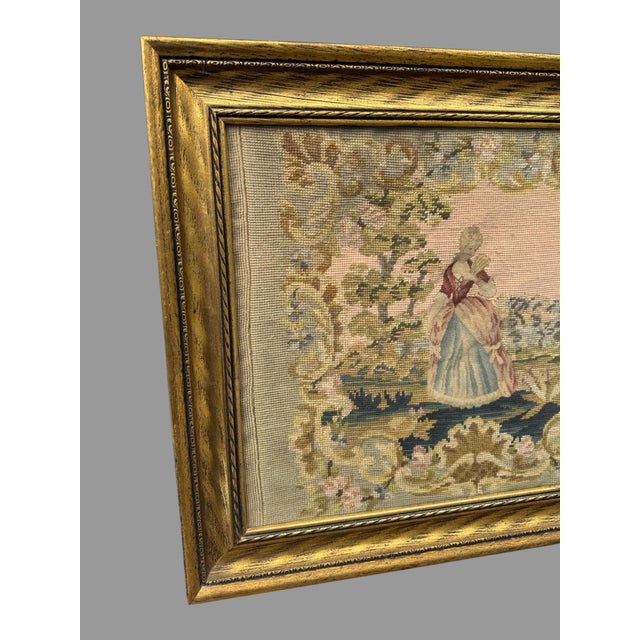 Antique Victorian Gilt Framed Scenic Landscape Needlepoint Tapestry With Girl For Sale - Image 6 of 8