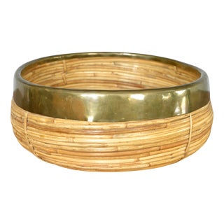 Rattan, Cane and Brass Basket by Vivai Del Sud, Italy, 1970s For Sale