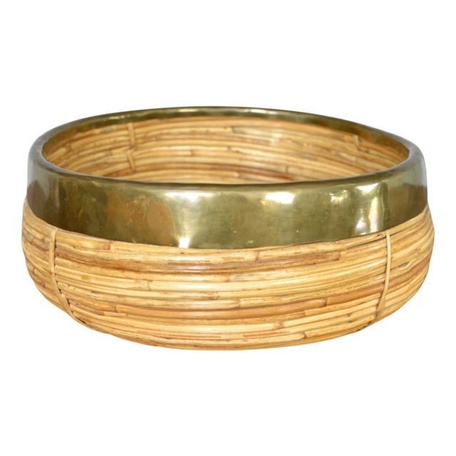 Rattan, Cane and Brass Basket by Vivai Del Sud, Italy, 1970s For Sale