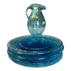 Set of 4 Hand Blown Aquamarine Salad or Dessert Plates