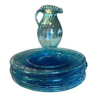 Set of 4 Hand Blown Aquamarine Salad or Dessert Plates French Glass Blower Made For Sale