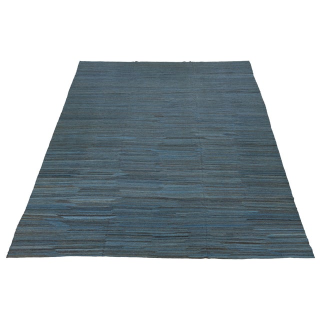 Modern Minimalist Slate Blue Handmade Kilim Wool Rug 12x18 For Sale - Image 9 of 12