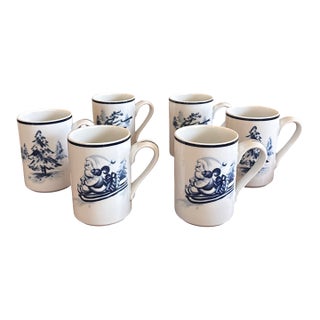Vintage Blue and White Dansk Bistro Christmas Mugs - Set of 6 For Sale
