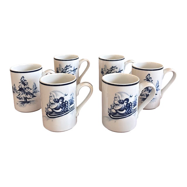 Vintage Blue and White Dansk Bistro Christmas Mugs - Set of 6 For Sale