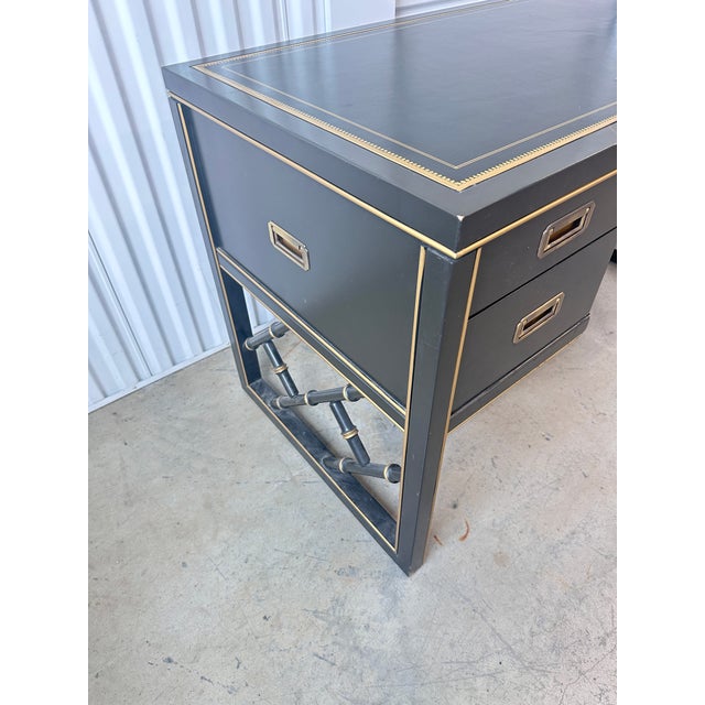Vintage Sligh Furniture Black Lacquer Campaign Desk With Gold-Tooled Leather Top & Faux Bamboo Base For Sale - Image 15 of 15