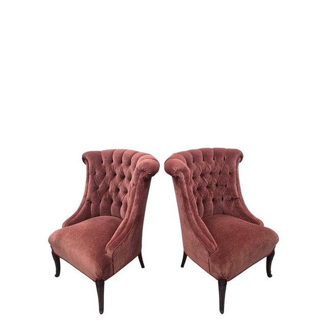 Vintage Queen Anne Style Tufted Wingback Chairs Newly Reupholstered in Burnt Sienna Mohair - Pair Elegant pair of vintage...
