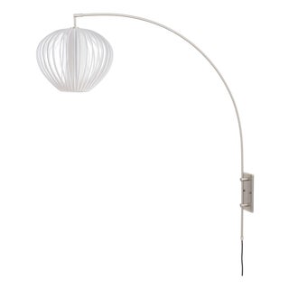 Bloom Sphere Arc Lamp - Satin Nickel, White Satin Steel Shade, Dimmable, Modern Design For Sale