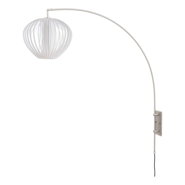 Bloom Sphere Arc Lamp - Satin Nickel, White Satin Steel Shade, Dimmable, Modern Design For Sale