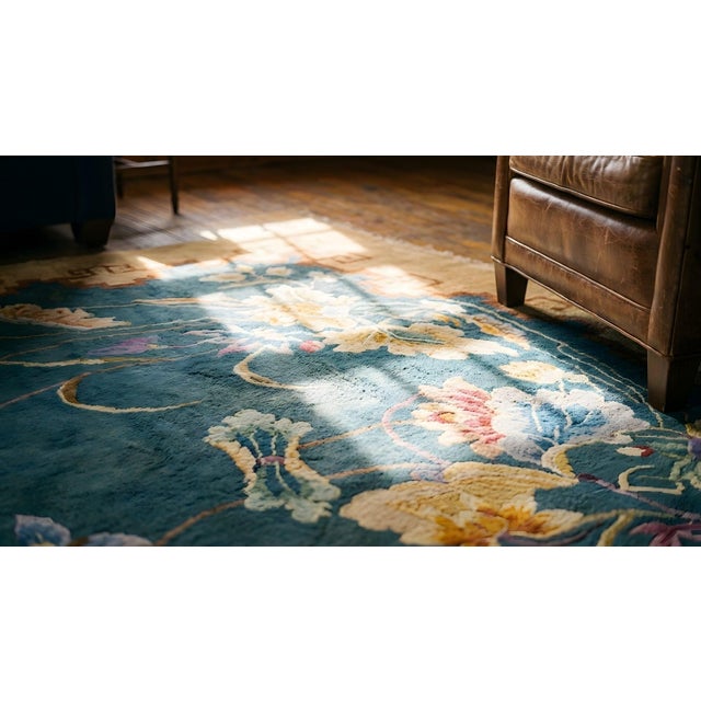 1920s Green Floral Modernist Chinese Art Deco Carpet 8'10" X 11'5" Knotted Wool Rug For Sale - Image 16 of 16
