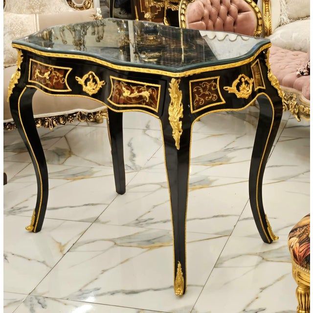 Palace Collection Writing Desk – Hand-Inlaid Marquetry, Glass Top & Louis XV Elegance For Sale - Image 4 of 4
