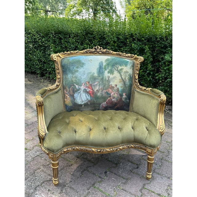 1960s Artisan Louis XVI Gold Beech Green Velvet Settee-1 Pc For Sale - Image 12 of 12