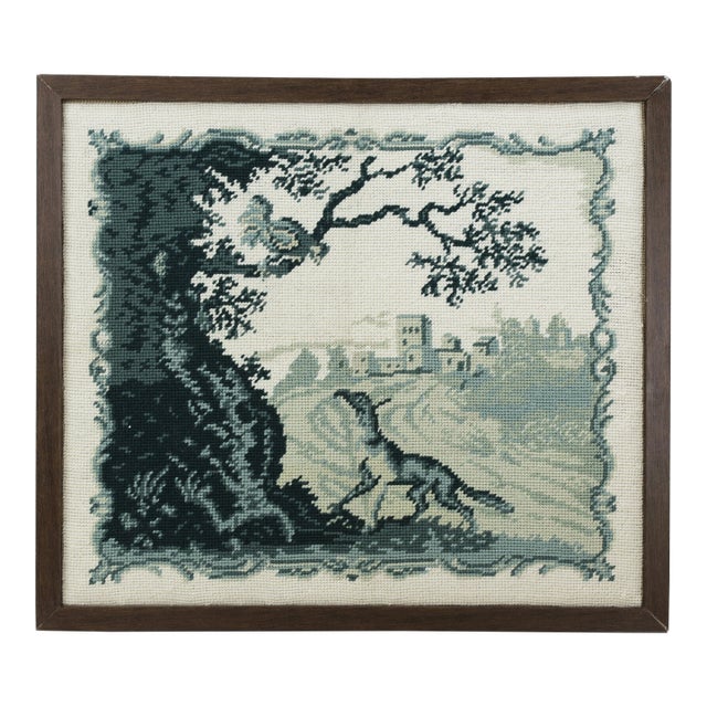 Vintage Framed Needlework Blue Monochrome Woodland Landscape With Hound and Estate Motif For Sale