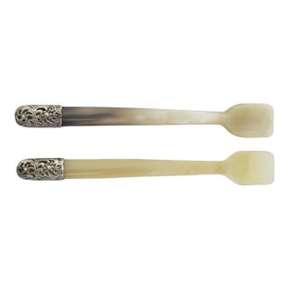 Vintage Natural Horn Sterling Silver Floral Mounted Caviar Serving Shovel Spoon - a Pair For Sale