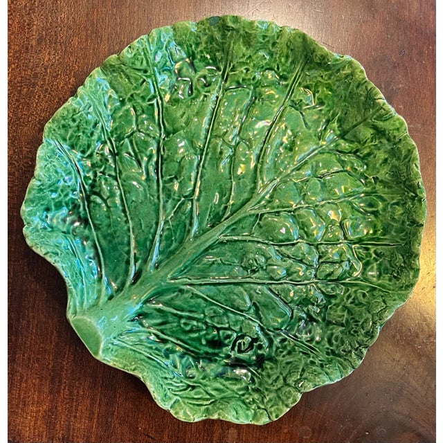 Antique Portuguese Majolica Pottery Green Cabbage or Lettuce Leaf Serving Dish For Sale - Image 11 of 15