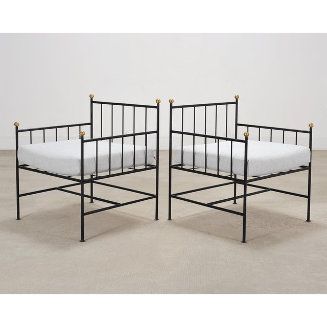 Black Set of Four French Modernist Iron Brass Ball Finial Lounge Chairs For Sale - Image 8 of 18