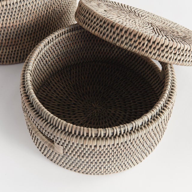 Farmhouse Burma Rattan Round Lidded Boxes, Set Of 2 For Sale - Image 3 of 4