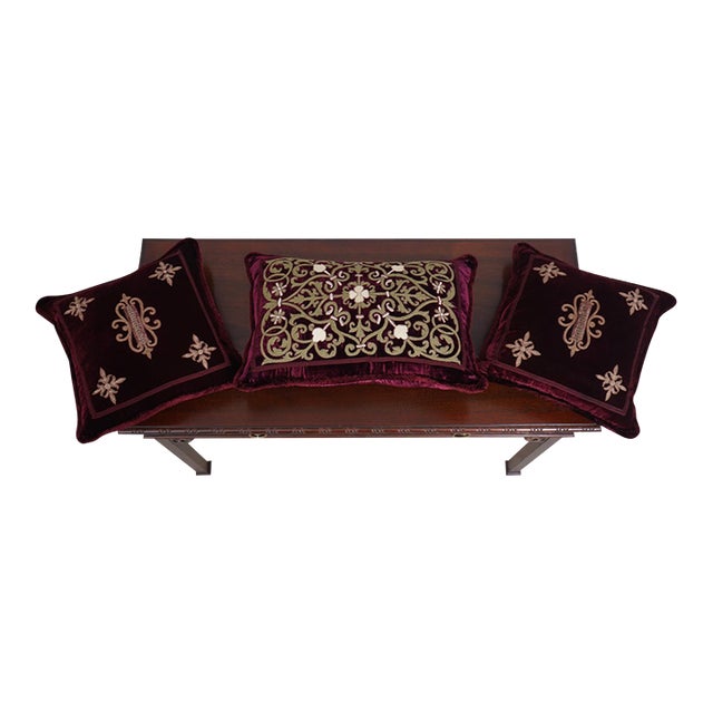Set of 3 Crewelwork on Velvet Down Accent Pillows For Sale